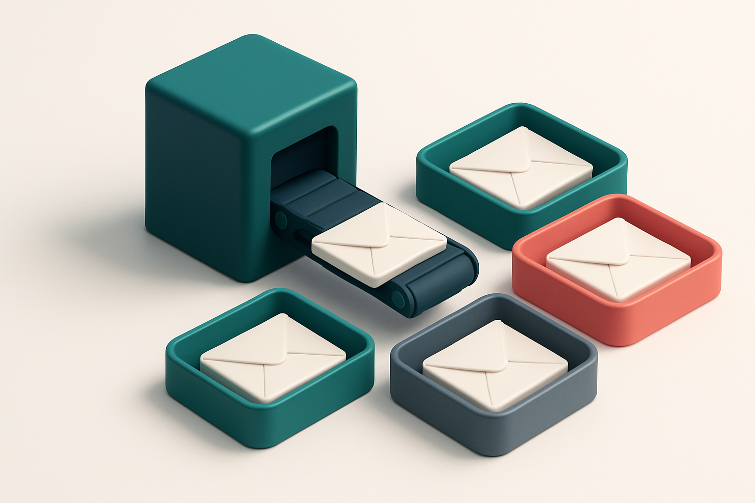 An isometric email inbox with envelopes sorted into four labeled trays: a green 'Valid' tray, a red 'Invalid' tray, a ye