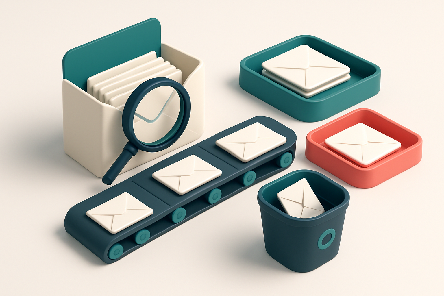 An isometric email inbox with envelopes being sorted onto a green 'valid' tray and a red 'invalid' tray, a magnifying gl