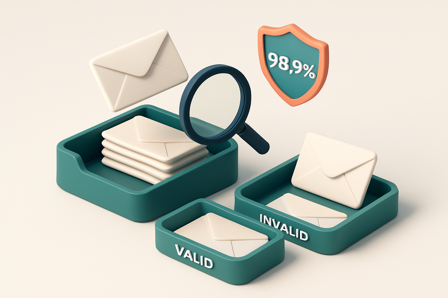 an isometric email inbox with envelopes being sorted onto a green 'valid' tray and a red 'invalid' tray, a magnifying gl