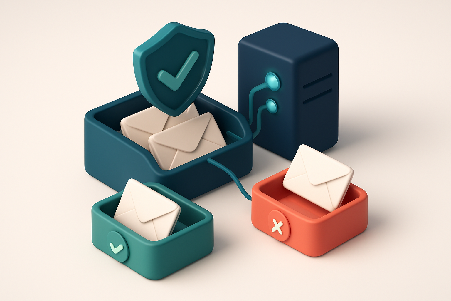 Hero: an isometric email inbox with envelopes being sorted into a green 'valid' tray and a red 'invalid' tray, a digital