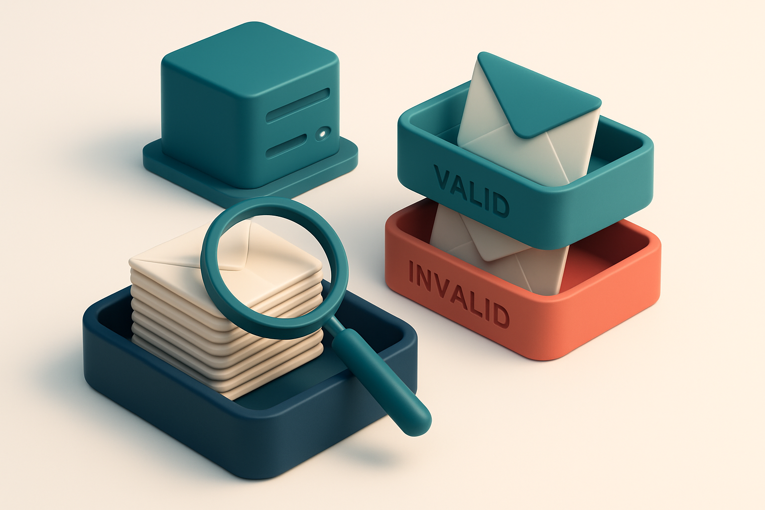 an isometric email inbox with envelopes being sorted onto a green 'valid' tray and a red 'invalid' tray, a magnifying gl