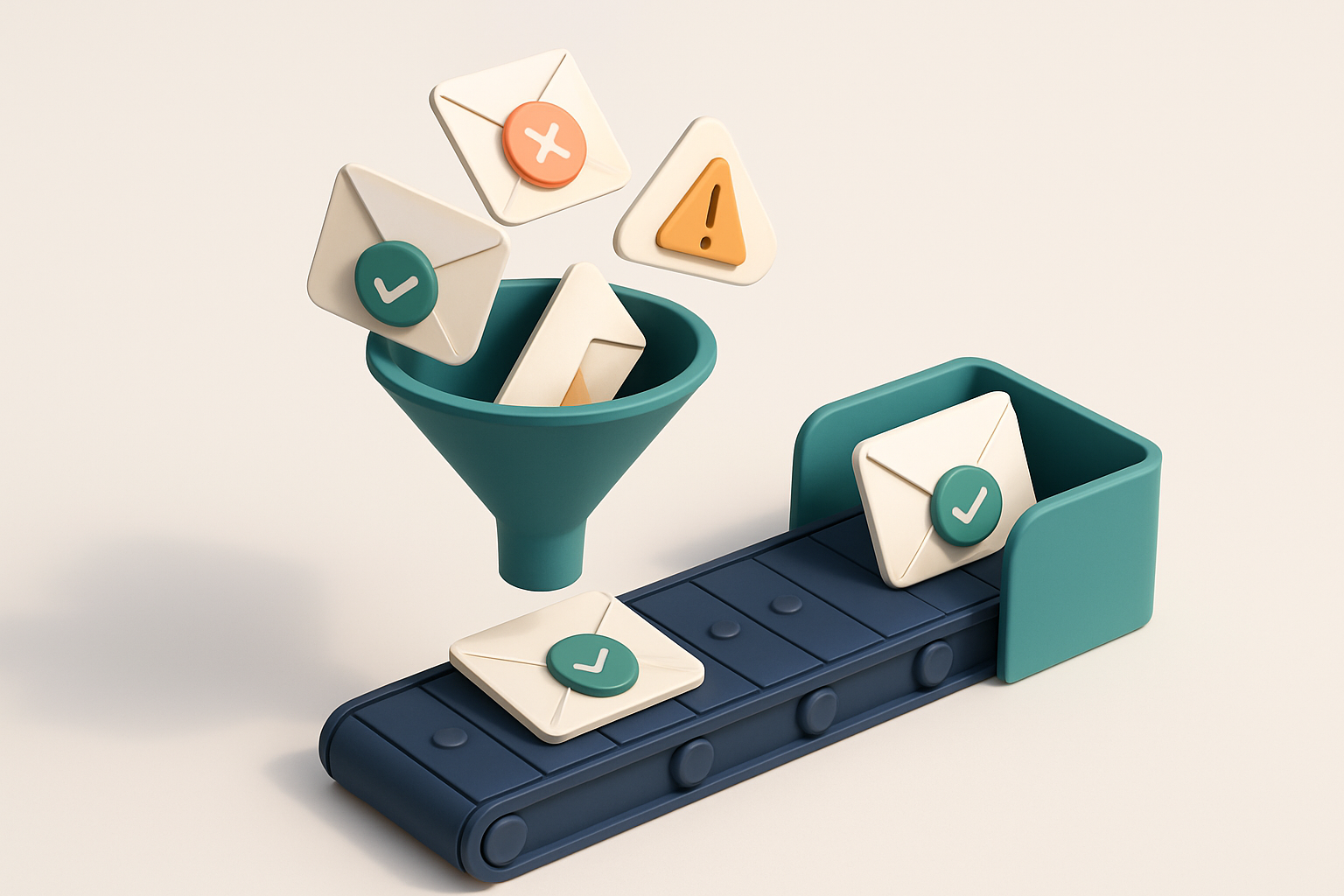 An isometric inbox with envelopes flying in from a funnel, where each envelope is labeled with a different verdict: 'Val