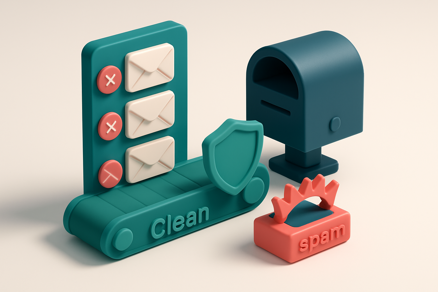 an isometric email list with red 'invalid' and 'risky' addresses being pushed through a green conveyor belt labeled 'cle