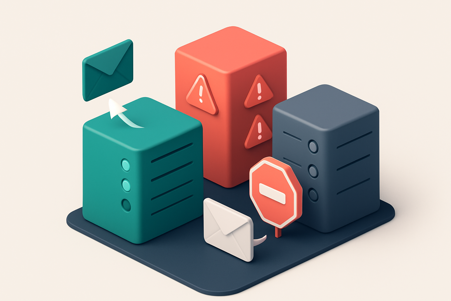An isometric email server farm with three labeled server units: a green 'dedicated IP' unit actively sending, a red 'sha