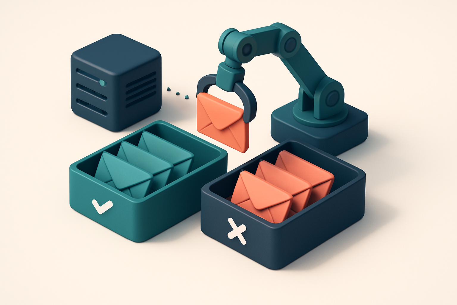 an isometric email inbox split into two trays: one labeled 'Valid' with green envelopes, one labeled 'Invalid' with red
