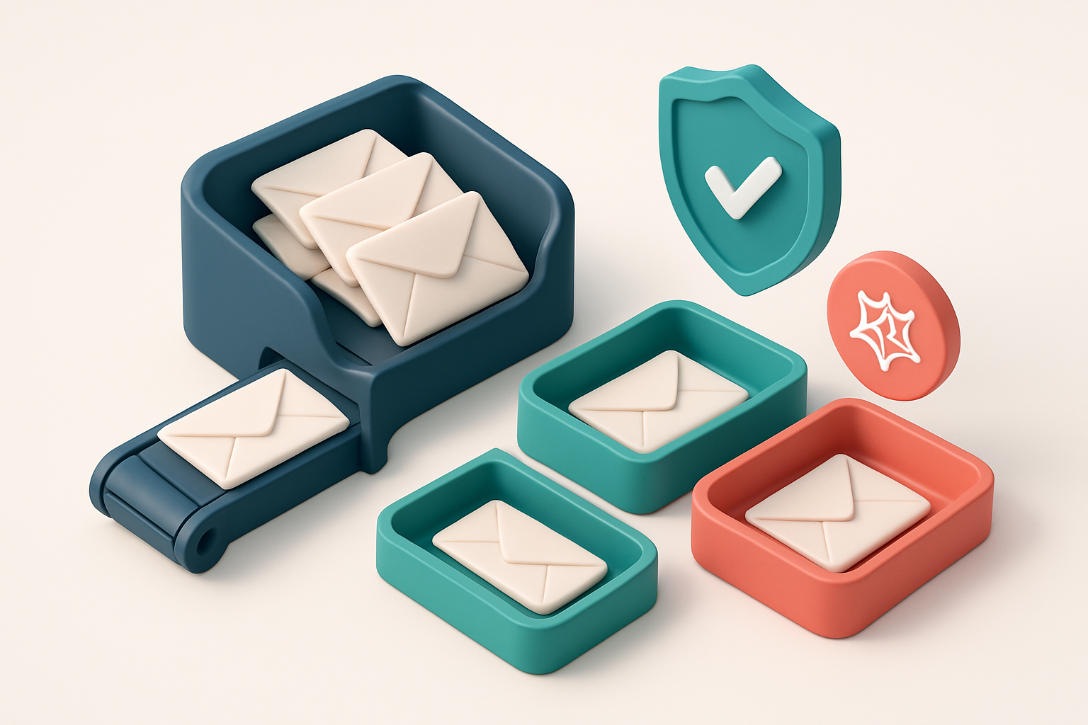 Hero: an isometric email inbox with envelopes being sorted onto a green 'valid' tray and a red 'invalid' tray, a conveyo