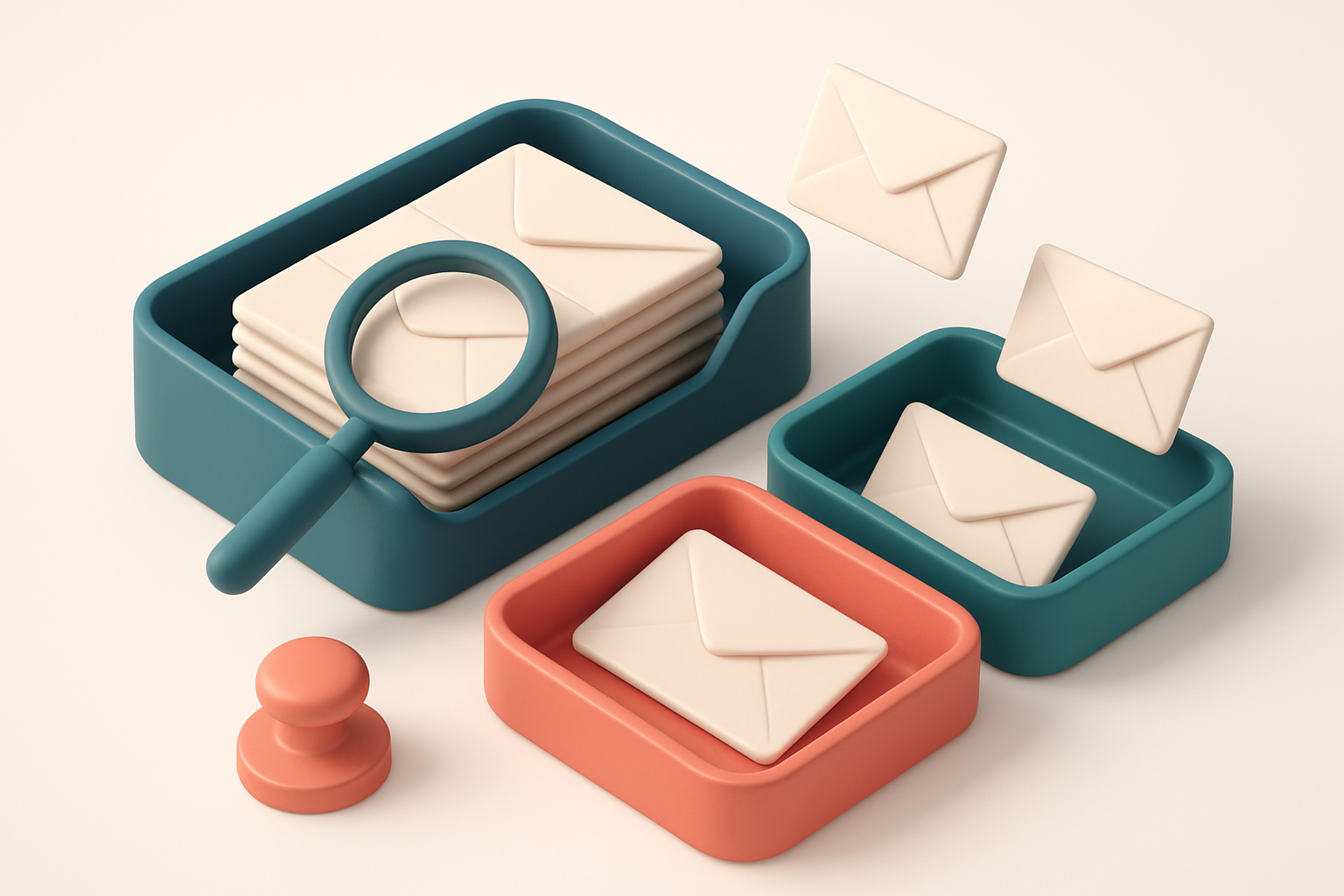 An isometric email inbox with envelopes being sorted onto a green 'valid' tray and a red 'invalid' tray, a magnifying gl