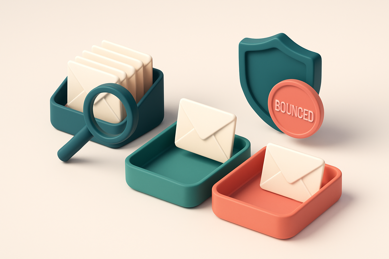An isometric email inbox with envelopes being sorted onto a green 'valid' tray and a red 'invalid' tray, a magnifying gl