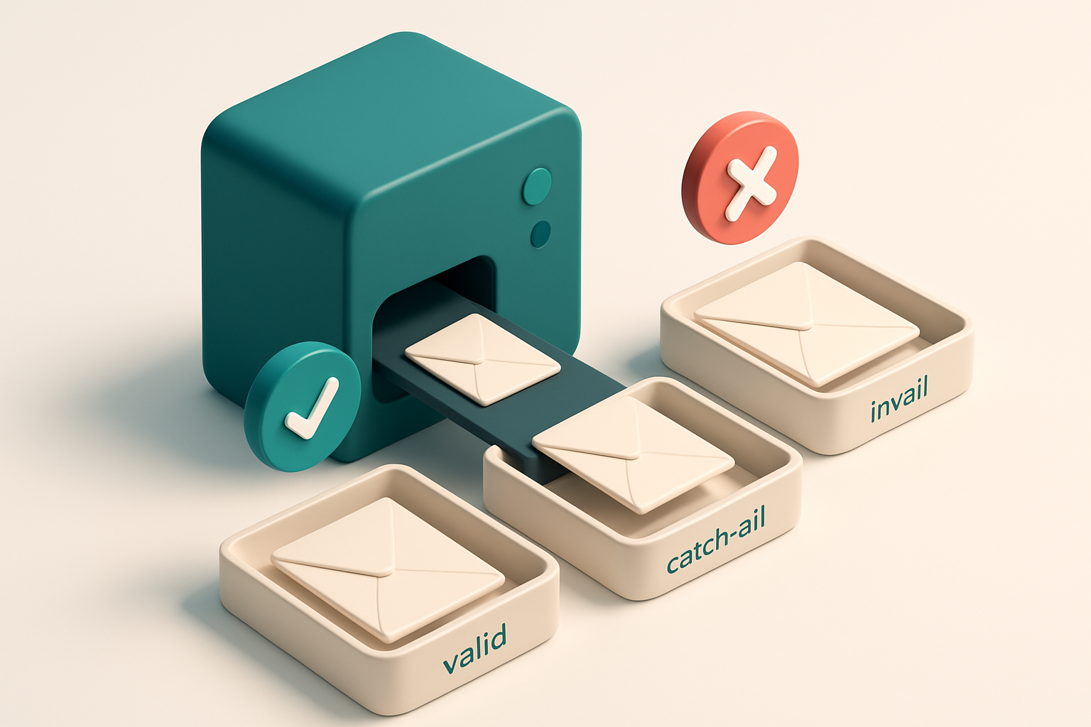 Hero: an isometric email server with a conveyor belt feeding envelopes labeled 'valid', 'catch-all', and 'invalid' into