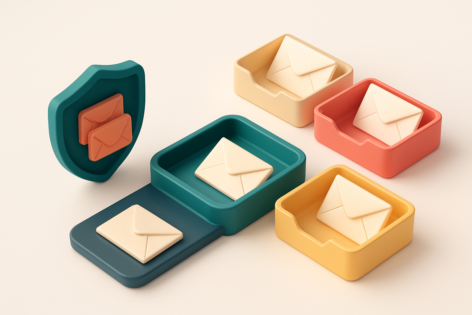 An isometric email inbox with envelopes being sorted into three trays: green for 'Valid', red for 'Invalid', and yellow