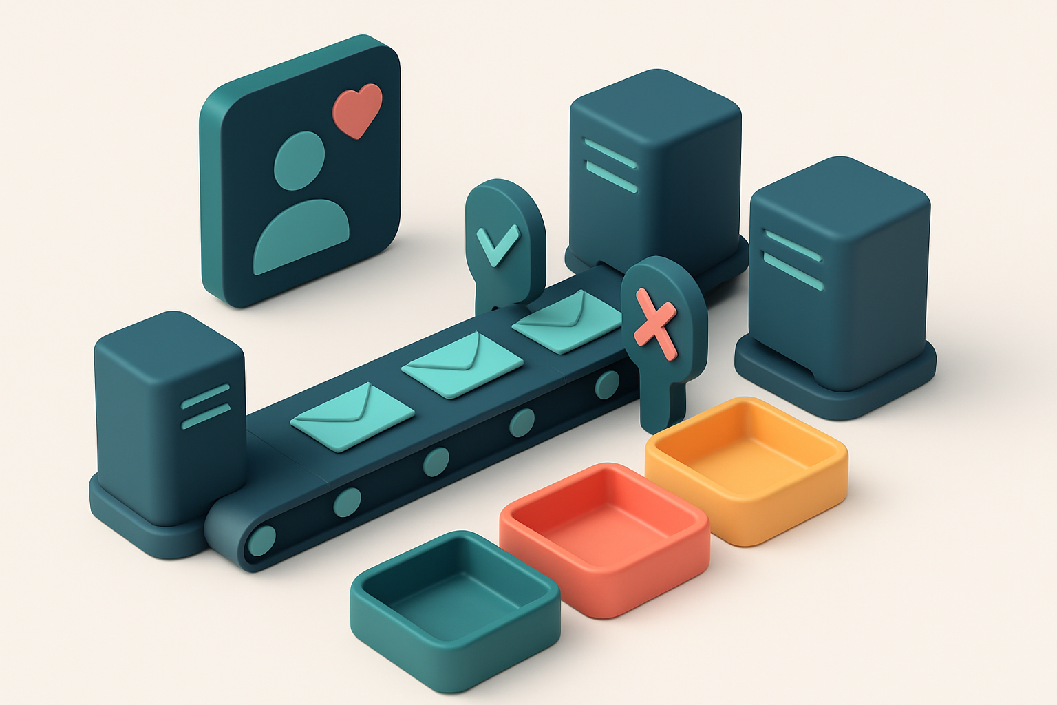 Hero: an isometric dashboard of a dating app showing a signup funnel with a green 'valid' tray, red 'invalid' tray, and