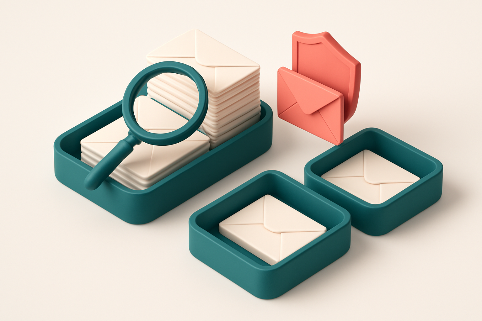 an isometric email inbox with envelopes being sorted onto a green 'valid' tray and a red 'invalid' tray, a magnifying gl