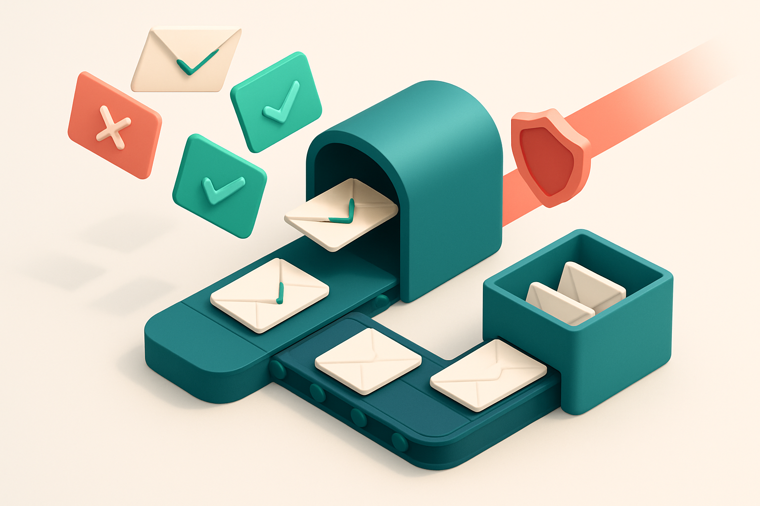 Hero: a 3D isometric illustration of a digital mailbox with envelopes flying in — some stop and turn red (invalid), othe