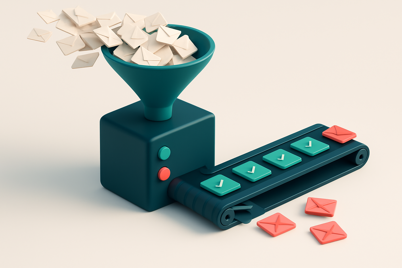 An isometric scene of a digital email funnel: thousands of tiny envelopes flow into a server labeled 'Game Signup', wher