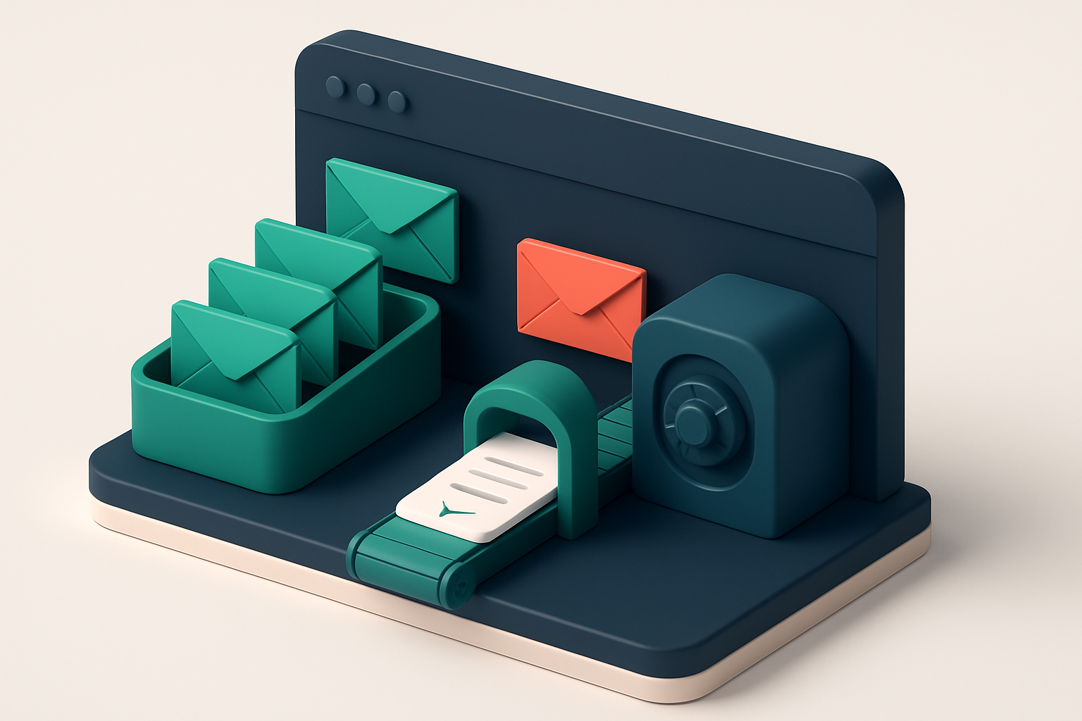 Hero: an isometric dashboard with a large inbox on the left showing green 'delivered' envelopes, a red 'blocked' envelop