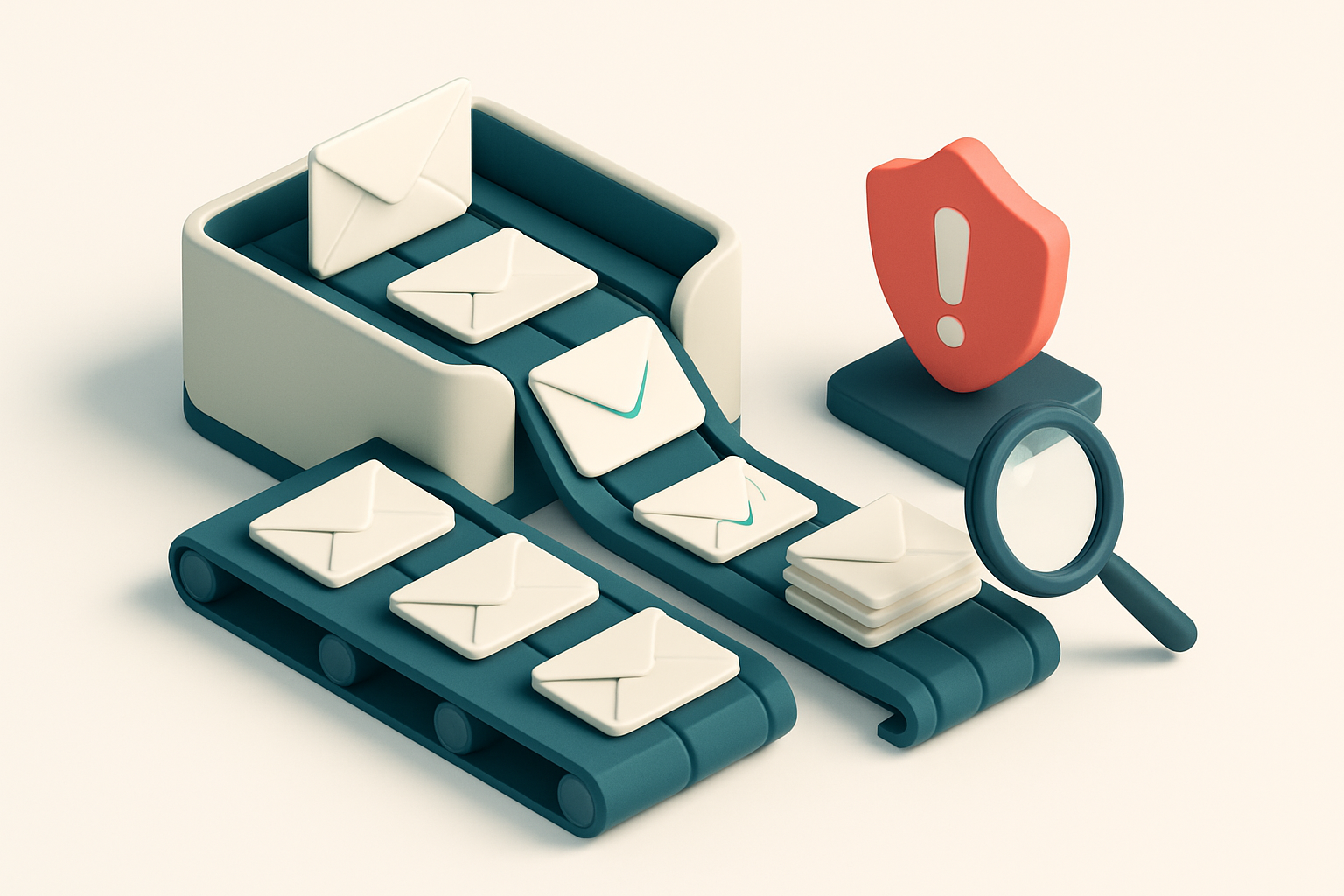 An isometric email inbox with envelopes labeled 'valid', 'invalid', 'catch-all', and 'risky' being sorted by three conve