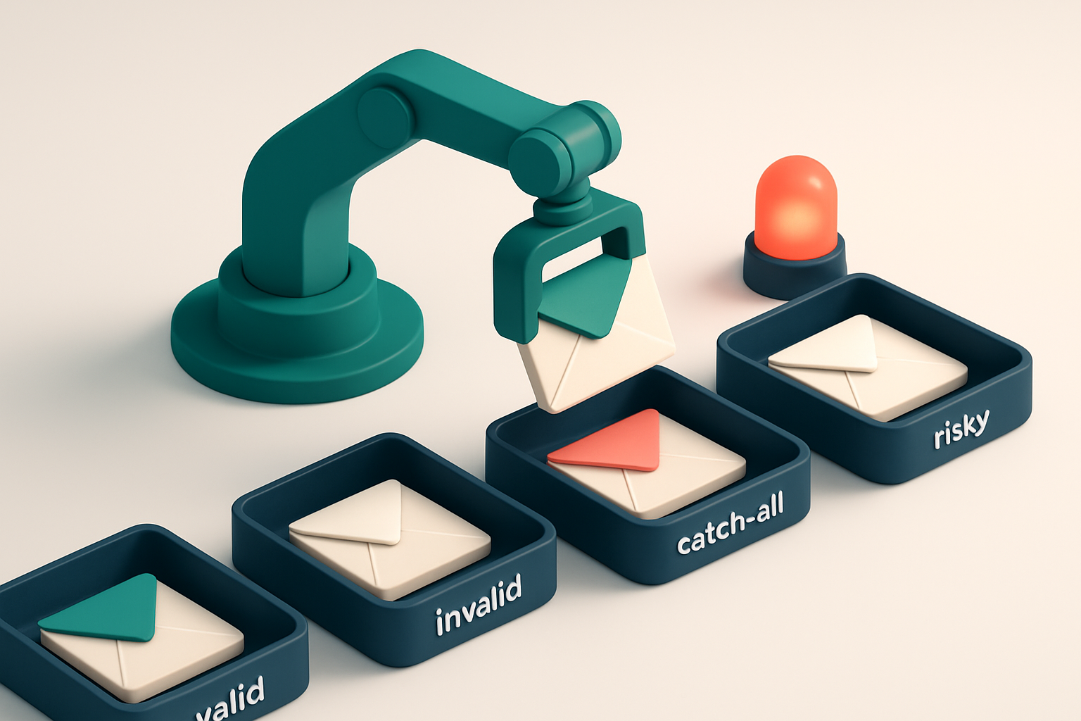 An isometric email inbox with envelopes labeled 'Valid', 'Invalid', 'Catch-All', and 'Risky' being sorted by a mechanica