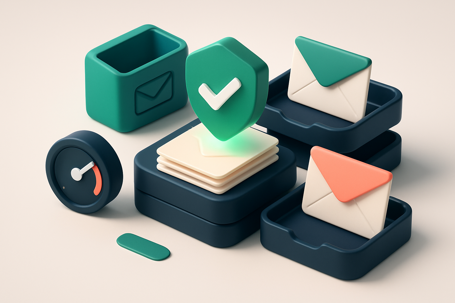 an isometric email inbox with envelopes labeled 'Valid' and 'Invalid' being sorted onto separate trays, a real-time veri