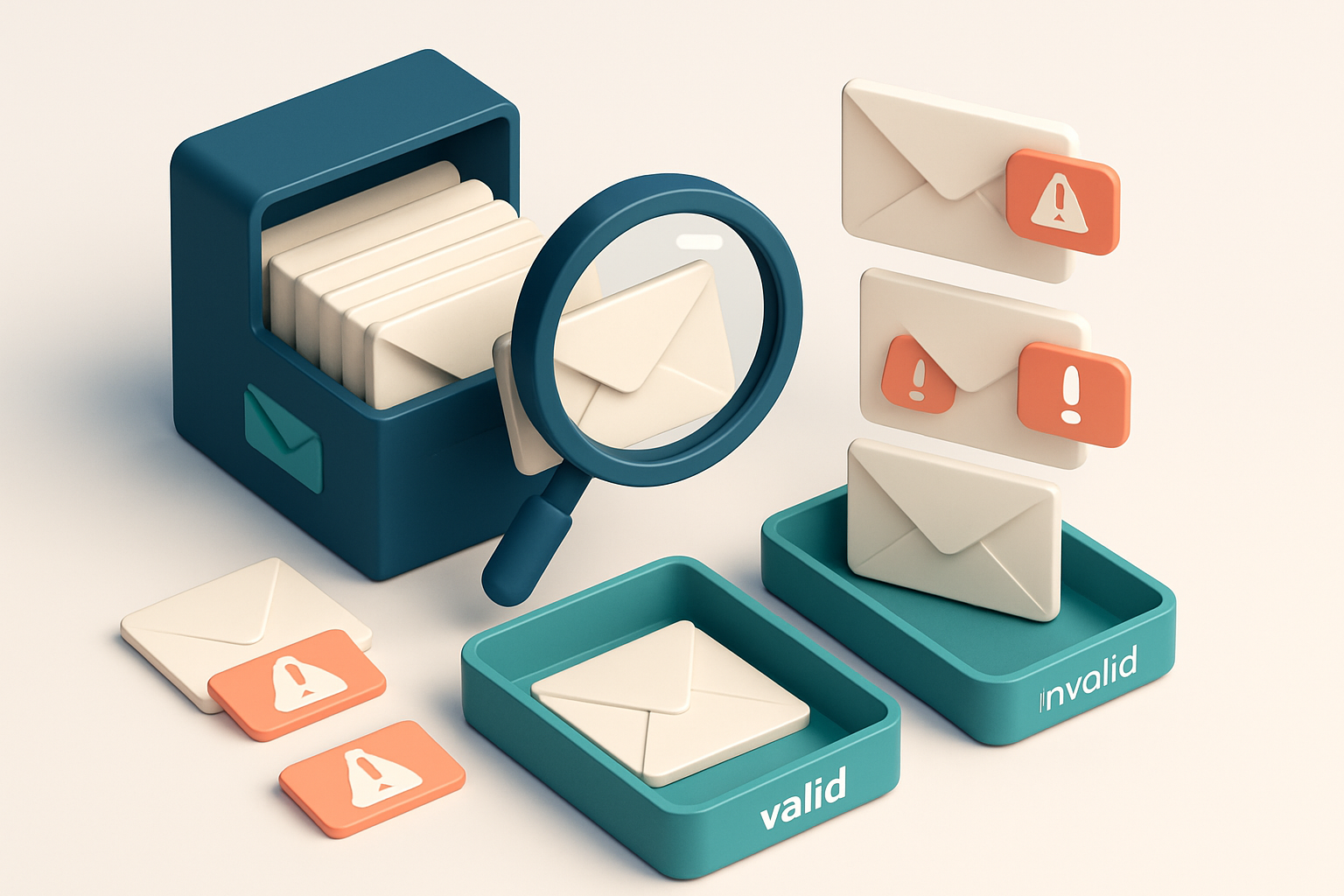 an isometric email inbox with envelopes being sorted onto a green 'valid' tray and a red 'invalid' tray, a magnifying gl