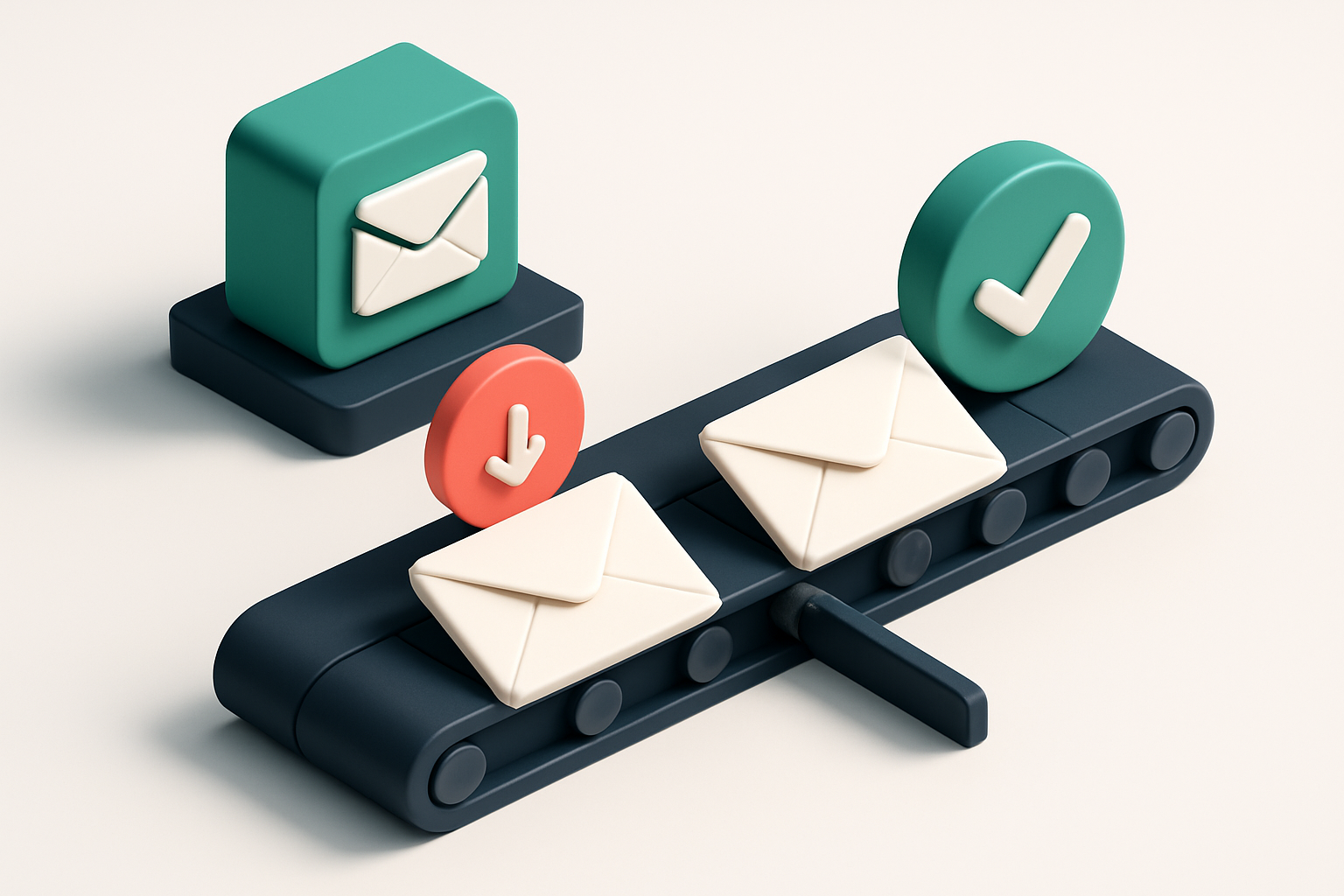 Hero: an isometric email inbox with envelopes labeled 'valid' and 'invalid' being sorted via a conveyor belt; a red 'bou