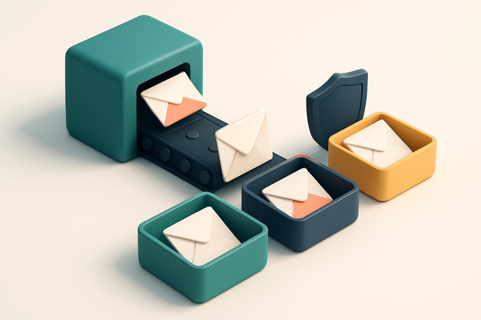 An isometric email inbox with a conveyor belt feeding envelopes into three labeled trays: green 'Valid', red 'Invalid',