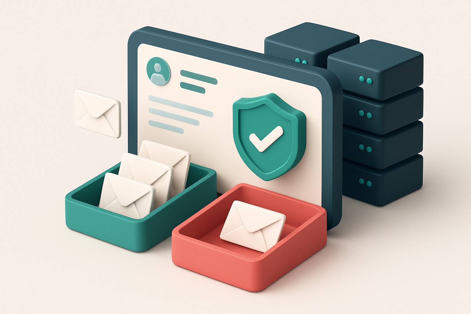 An isometric patient portal dashboard with a green 'Valid' tray and red 'Invalid' tray, where email envelopes are being