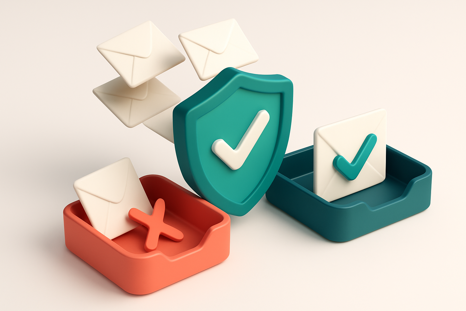 an isometric email inbox with envelopes being scanned by a digital shield, some falling into a red 'invalid' bin while o
