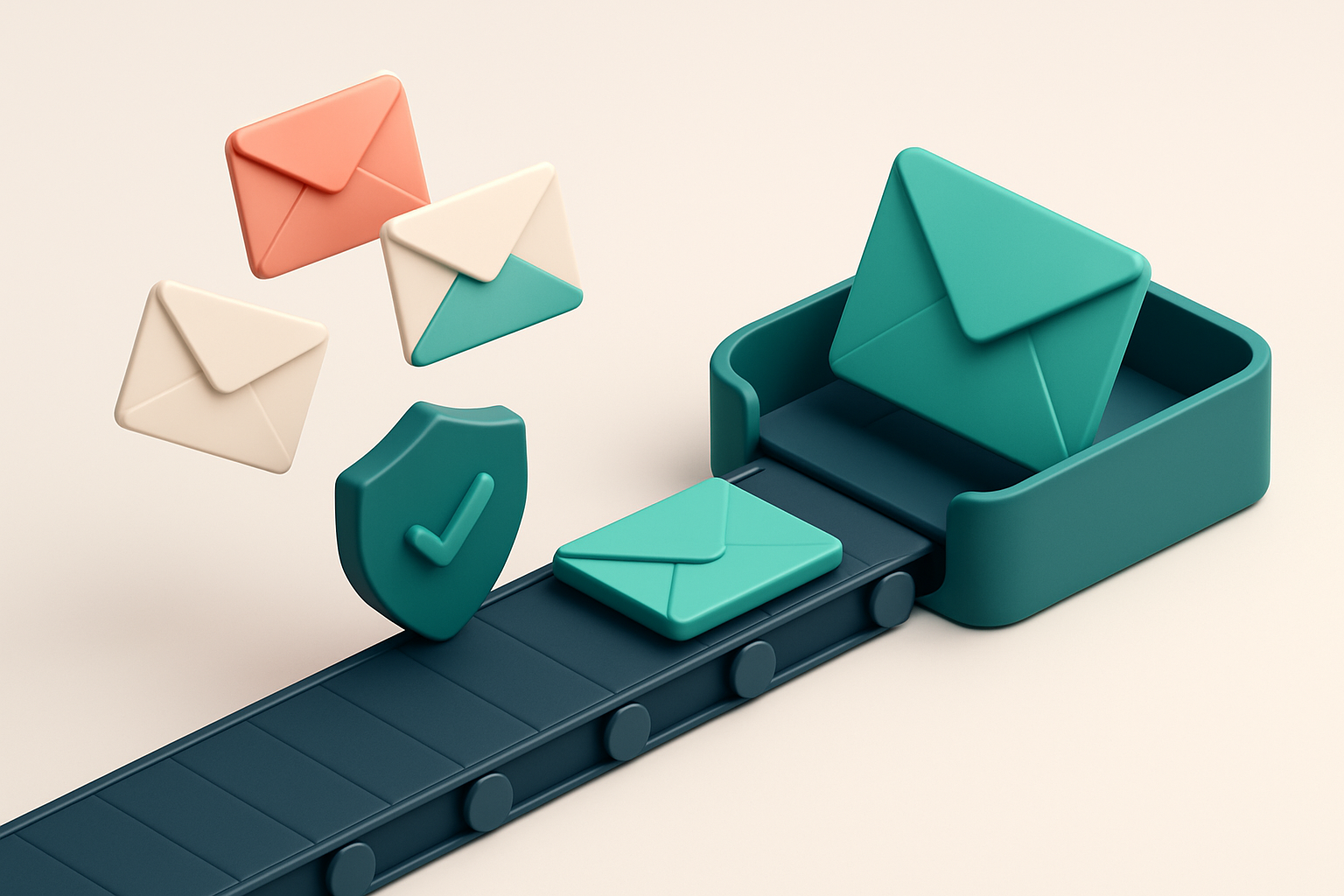 An isometric inbox with envelopes labeled 'Invalid', 'Catch-All', and 'Risky' being rejected by a digital shield, while