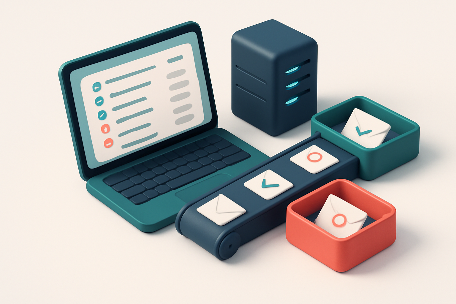 Hero: an isometric workstation with a laptop showing a dashboard of verified candidate emails, a conveyor belt moving en