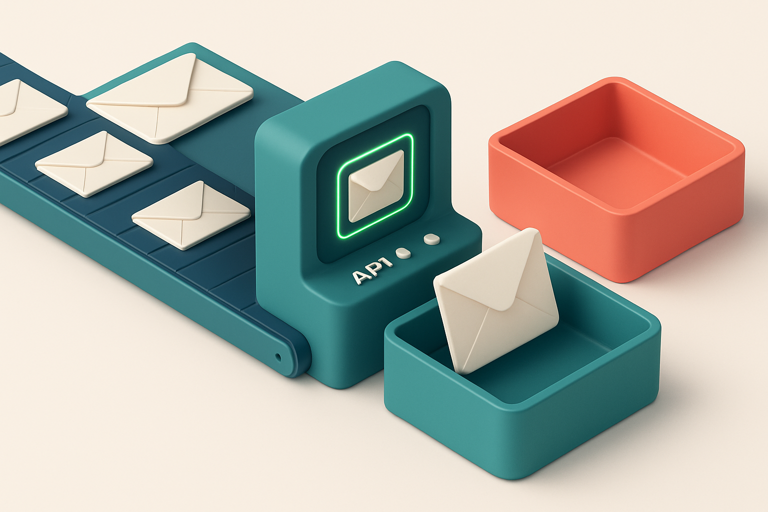 An isometric email inbox with a conveyor belt feeding envelopes into two trays: one green labeled 'Valid' and one red la