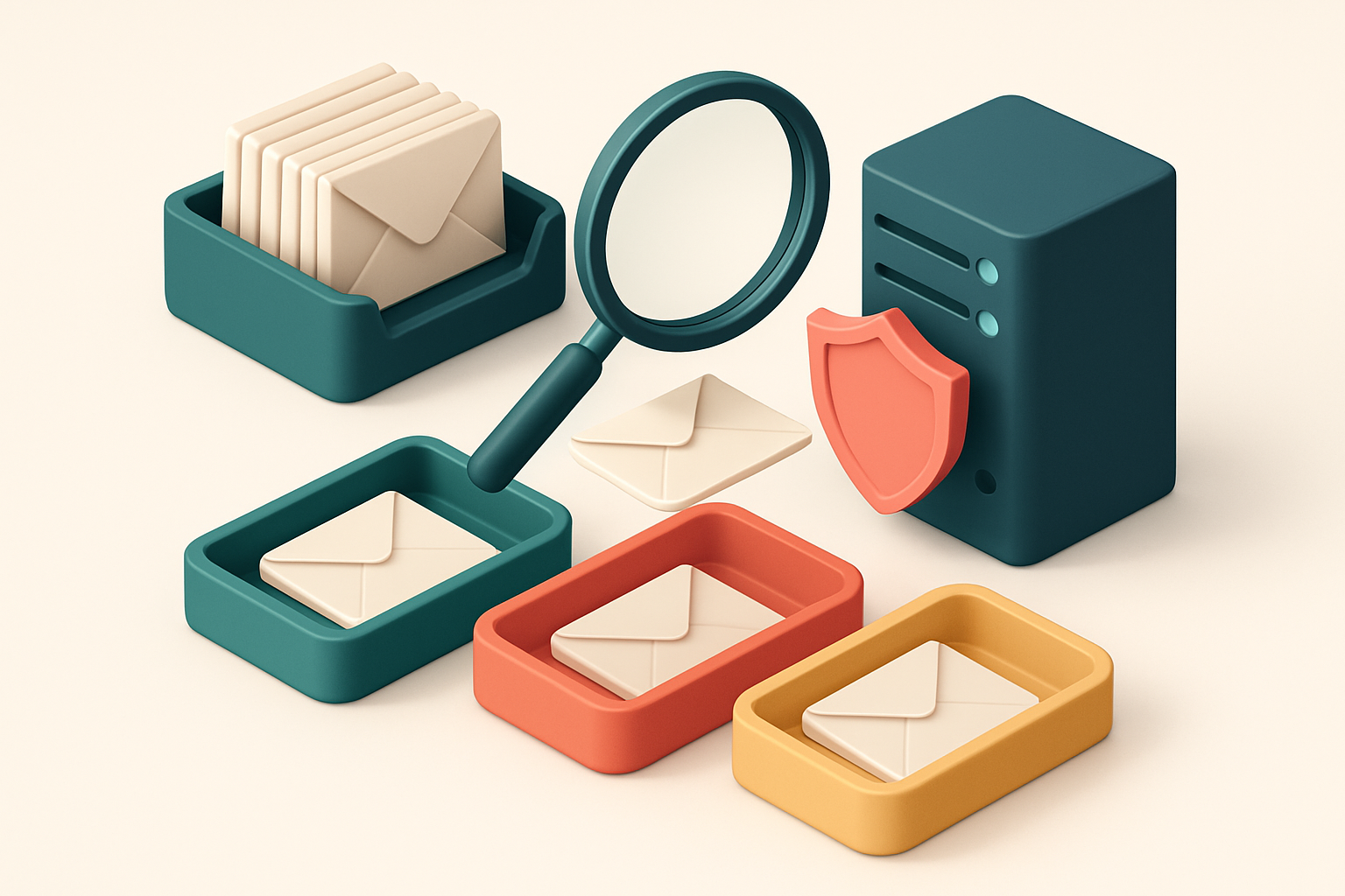 An isometric email inbox with envelopes being sorted onto a green 'valid' tray, a red 'invalid' tray, and a yellow 'risk