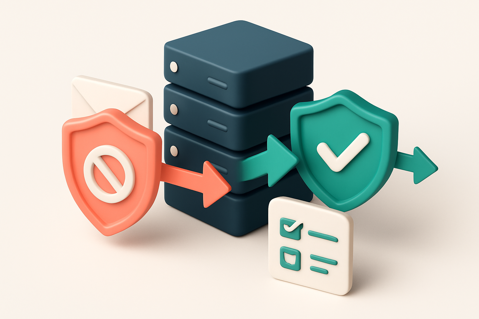 An isometric email server cluster with a red 'blocked' shield blocking outgoing messages, while a green 'verified' shiel