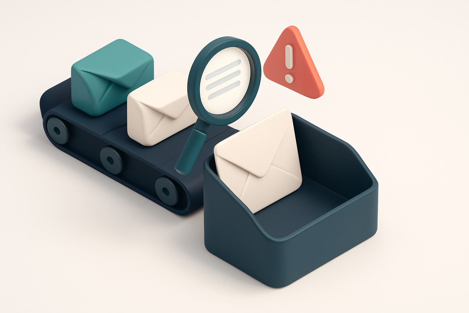 An isometric email inbox with a conveyor belt feeding envelopes labeled 'DKIM-signed' and 'invalid', a magnifying glass