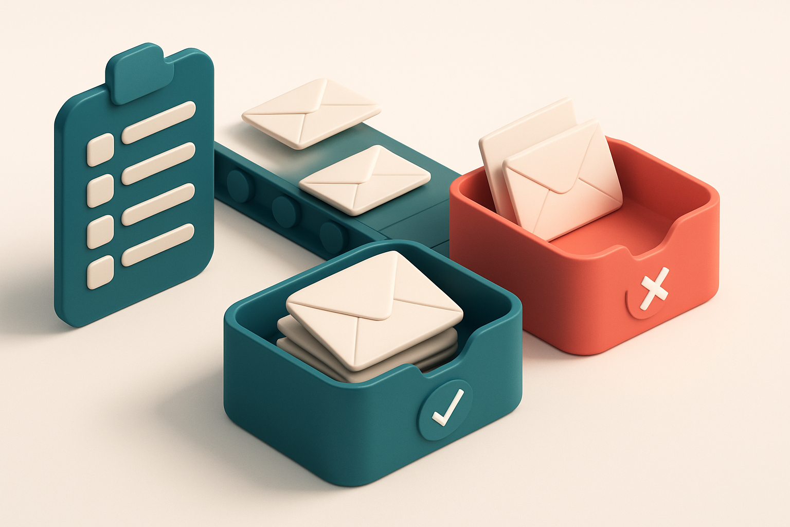 Hero: an isometric email inbox with a green 'valid' tray and red 'invalid' tray, a conveyor belt carrying numbered envel