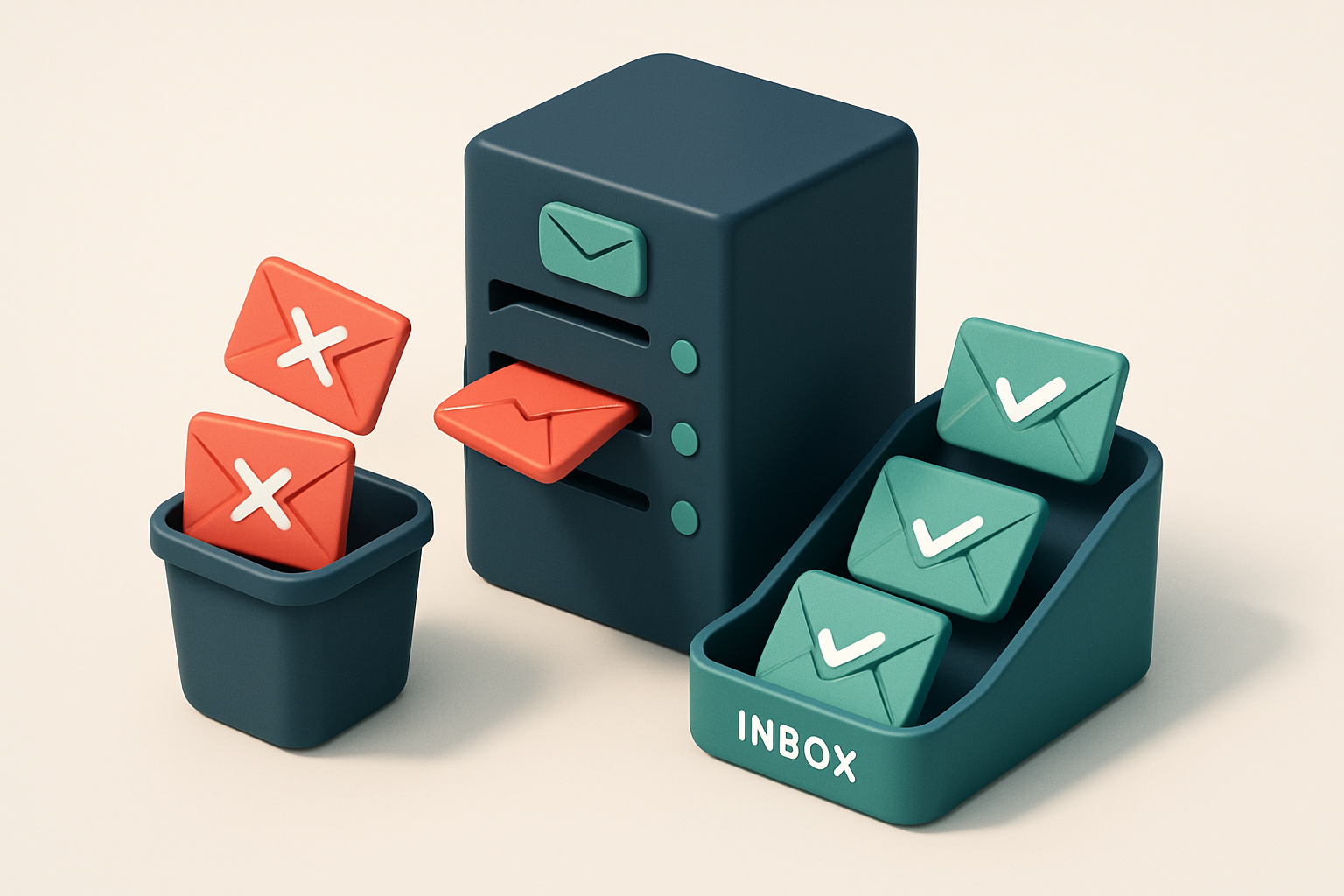 an isometric email server rack with red 'invalid' and 'catch-all' envelopes being ejected into a trash bin, while green