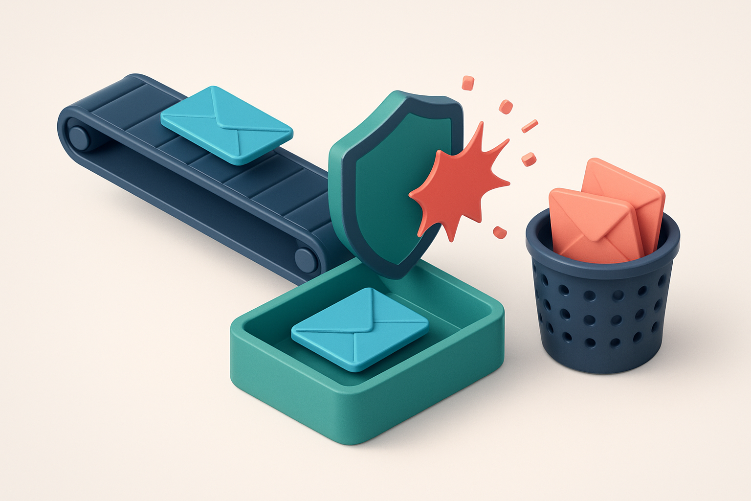 An isometric inbox showing a conveyor belt delivering blue envelopes marked 'valid' into a green 'inbox' tray and red 'i