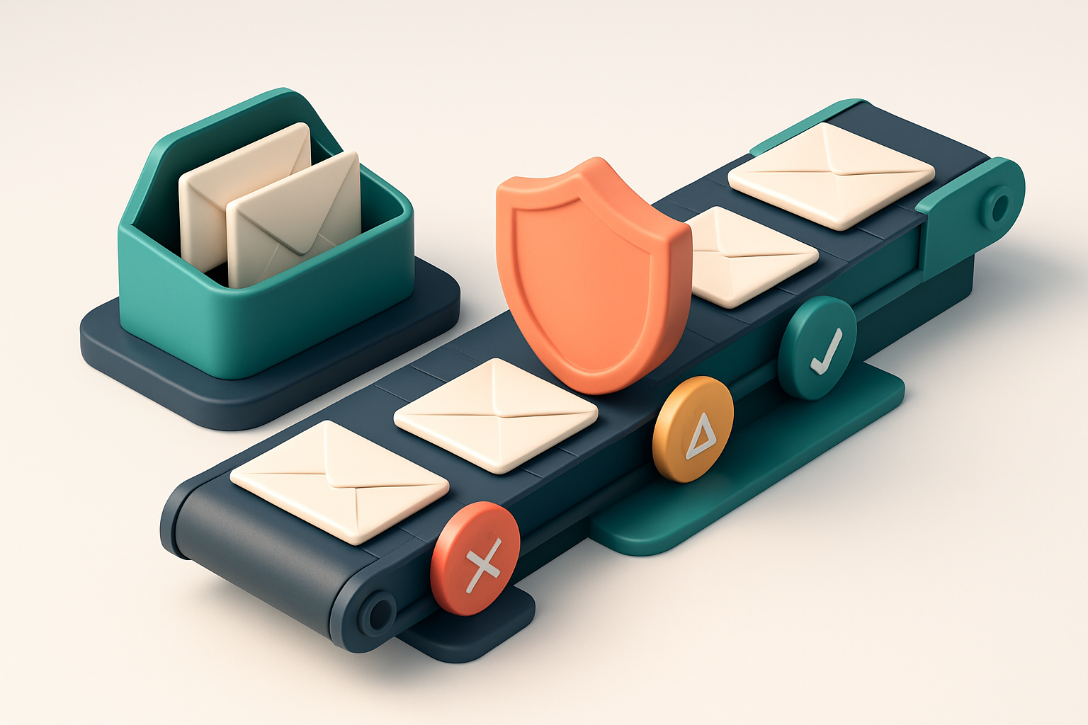An isometric email inbox with a conveyor belt moving envelopes through three lanes: green 'valid' on the right, red 'inv