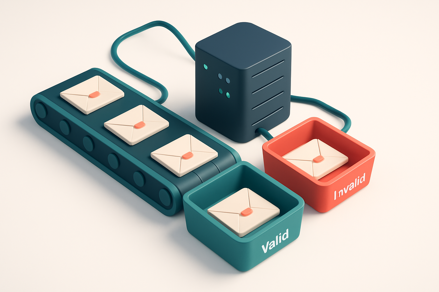 An isometric illustration of a conveyor belt sorting physical envelopes into two trays: a green 'Valid' tray and a red '