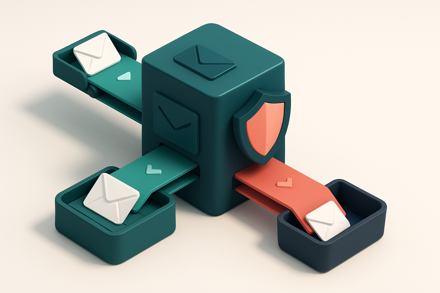 an isometric mail server room with green conveyor belts feeding validated emails into a 'delivered' inbox tray, red belt