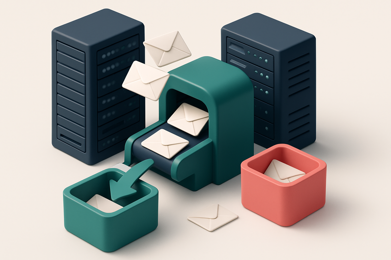 Hero: an isometric server room with envelopes flying through a scanner, green 'valid' arrows and red 'invalid' bins sort