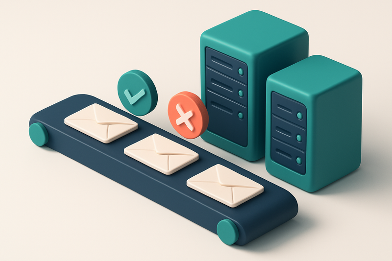 Hero: An isometric illustration of a row of servers examining email envelopes passing through a conveyor belt with check