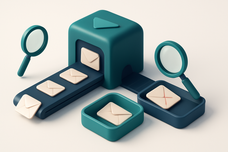 Hero: an isometric email delivery system with envelopes moving through a futuristic conveyor belt leading to distinct 'v