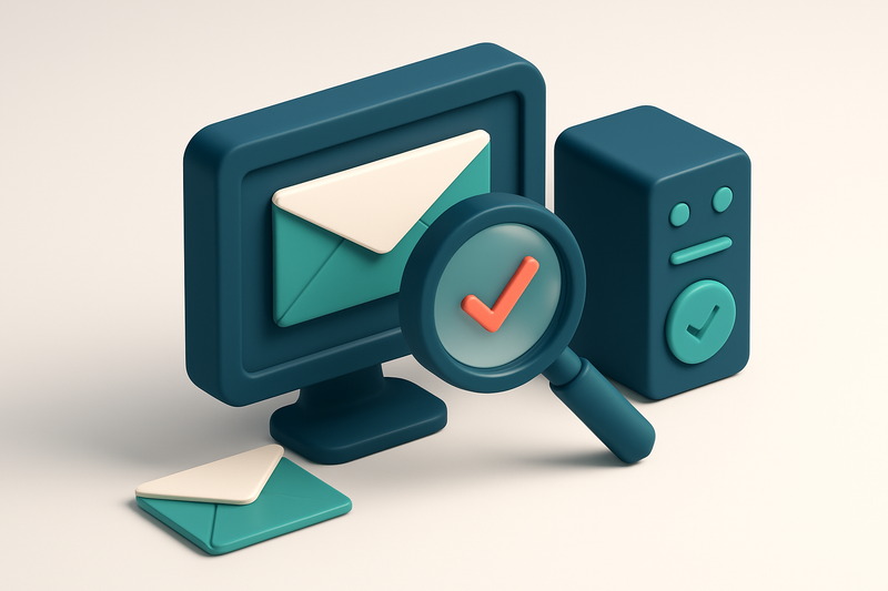 Hero: an isometric email inbox with envelopes being checked by a magnifying glass connected to a server showing verifica