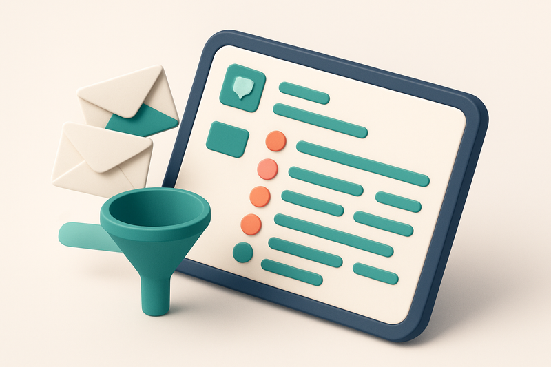 Hero: An isometric CRM dashboard on a tablet; envelopes and a funnel on the left showing filtering, leading to a clean l