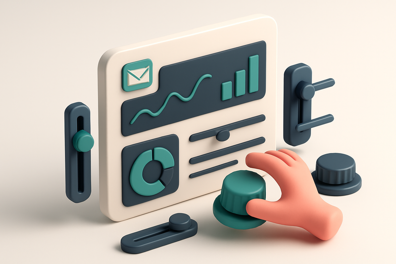 Hero: An isometric illustration of an email dashboard showing various graphs and metrics being adjusted by dials and sli