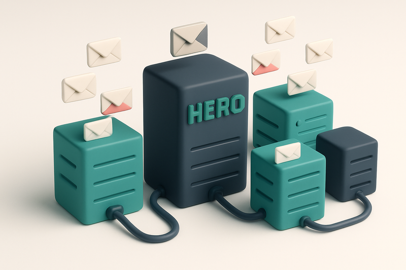 Hero: an isometric representation of various cold email platforms displayed as labeled servers, connected by cables, wit
