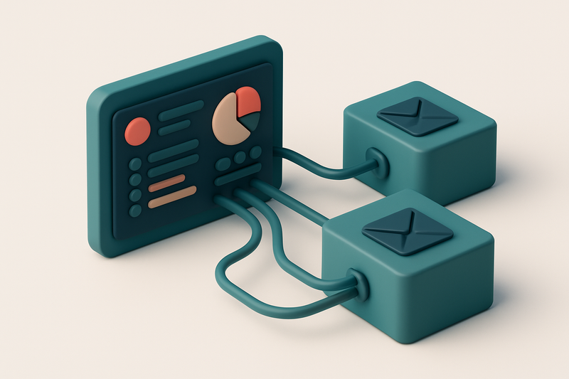 Hero: an isometric CRM dashboard with data flows to email servers, showing integration lines connecting them in sync