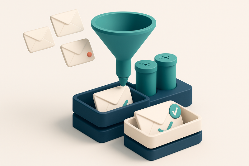 Hero: a 3D isometric illustration depicting an email funnel cleaning process: emails enter a funnel, pass through filter