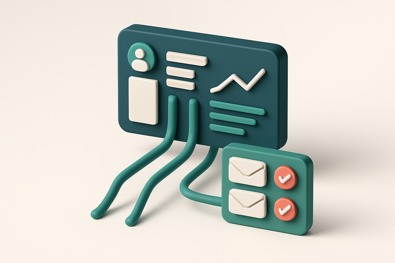 Hero: an isometric illustration showing an integrated CRM dashboard with data streams flowing into a connected email ver