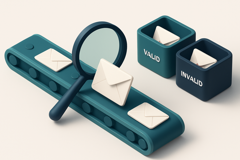 Hero: a 3D isometric scene with a conveyor belt where emails are being scanned with a magnifying glass and sorted into '